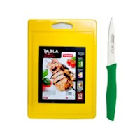 PACK TABLA CORTAR 25x35x1 CM  CON CUCHILLO PELADOR VERDE 10 CM