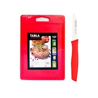 PACK TABLA CORTAR 25x35x1 CM  CON CUCHILLO PELADOR 8 CM ROJO