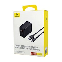 COMBO DE CARGADOR RAPIDO DUAL BASEUS 20W USB + CABLE - NEGRO