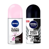 Pack Desodorante NIVEA Invisible B&W Femenino + Masculimo - Roll On 50ML