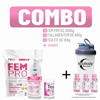 FITFEM - FEM PRO 3 KG. CHOCOLATE + COLLAGEN FEM 500G FRUIT PUNCH+ TEA FIT+SHAKER