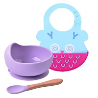 Pack para Bebe Babero Buho con Cuenco Lila con cuchara