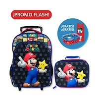 Pack Escolar Maleta con Ruedas + Regalo Táper XL y Set de cubiertos Mario Bros1