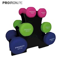 Set de Mancuernas de Neopreno PROIRON de 1KG, 2KG Y 4KG + Rack