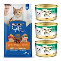 CAT CHOW DELIMIX GATOS 15KG + FANCY FEAST TRUCHA LATA 3OZ X 3UND