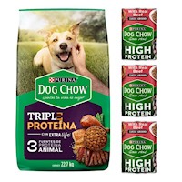 DOG CHOW PERROS TRIPLE PROTEINA 22.7KG + HIGH PROTEIN CARNE 374GR X 3UND