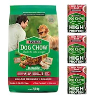 DOG CHOW PERROS ADULTOS MEDIANOS Y GRANDES 21KG + HIGH PROTEIN CARNE 374GR X 3UND