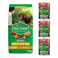 DOG CHOW PERROS ADULTOS MINIS Y PEQUEÑOS 21KG + HIGH PROTEIN CARNE 374GR X 3UND