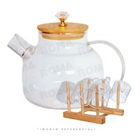 JUEGO DE TÉ DE VIDRIO CON TETERA Y TAZAS MÁS BASE DE BAMBÚ
