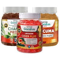PACK 3 GOMITAS CHANCA PIEDRA + LIPOGOM CIDER PLUS + CÚRCUMA SOTTCOR