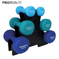 Set de mancuernas de neopreno PROIRON de 1KG, celeste 3KG Y 4KG + Rack