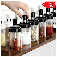 Set x5 Condimenteros Especieros de Vidrio con Cucharita Organizador de Condiment