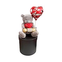 Pack San Valentín Peluche Oso Gris con Bombones Ferrero Rocher y Caja Negra