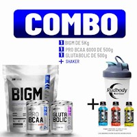COMBO UN - BIGM 5 KG. COOKIE +GLUTABOLIC 500G +PRO BCAA 500G FRUIT PUNCH +SHAKER