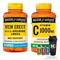 COMBO VITAMINAS MASON - VEIN ERECT MACA+L-ARGININA + VITAMINA C-1000 MG +SHAKER