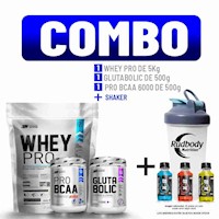 UN - WHEY PRO 5 KG. CHOCOLATE +GLUTABOLIC 500G + PRO BCAA 500GR. MANZANA +SHAKER
