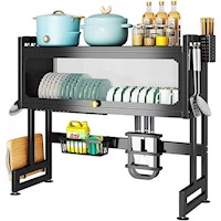 Escurridor de platos de 2 pisos con tapa de vidrio, 85x79.5 cm, acero, negro
