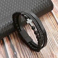 Pulseras de Cuero para Hombres - Cruz Negro