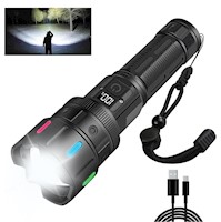 Linterna Táctica LED Recargable 3,000LM, Zoom Ajustable, 5 Modos, Power Bank,Resistente al Agua