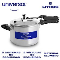 Olla a presión Universal 5 Litros Doble válvula de seguridad Aluminio