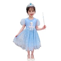 Vestido Elsa de Frozen Manga Corta Celeste Lazo Niña Princesa Disfraz Genieka