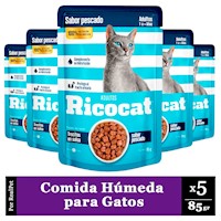 Pack x5 Comida Húmeda de Gato Ricocat Trocitos Pescado 85gr