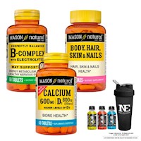 COMBO MASON- COMPLEJO B +MULTIVITAMÍNICO PARA CABELLO,PIEL+CALCIO 600MG +SHAKER
