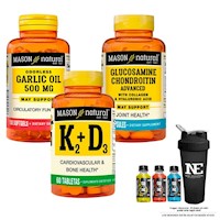 COMBO MASON- ACEITE DE AJO 500MG+GLUCOSAMINA CONDROITINA+VITAMINA K2+D3 +SHAKER