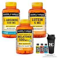 COMBO VITAMINAS MASON- L-ARGININA 500MG +LUTEÍNA 6MG +MELATONINA 500MCG +SHAKER