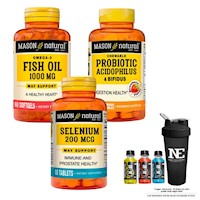 COMBO MASON- OMEGA 3 FISH OIL+PROBIÓTICO ACIDOPHILUS & BIFIDUS+ SELENIO +SHAKER