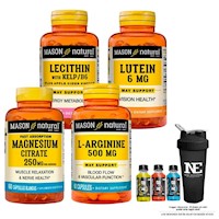 COMBO MASON- L-ARGININA+LECITINA KELP B6+LUTEÍNA 6MG+CITRATO DE MAGNESIO+SHAKER