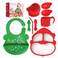 Set Navideño Santa para bebe plato babero cubierto verde