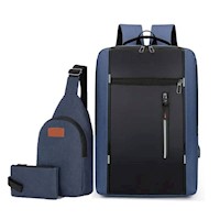 Mochila Morral Pack 3 en 1 Antirrobo Impermeable Porta Laptop Usb Azul
