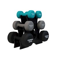 Set de Mancuernas de Neopreno de 3KG, 5KG Y 10KG + Rack