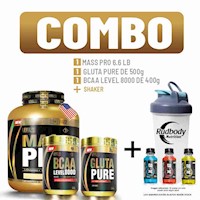 COMBO LEVEL PRO- MASS PRO 6.6LB CHOCOLATE+BCAA 400G FRUIT+GLUTA PURE 500G+SHAKER
