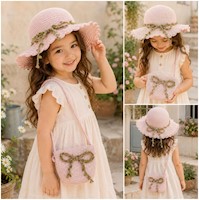 Set Infantil Cartera y Sombrero de Paja Para Niña Diseño Hojas