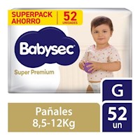 Pañal Babysec Super Premium Cuidado Total Talla G - Bolsa 52 UN
