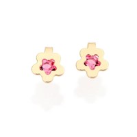 Arete Pequeño Flor Fucsia Bañado en Oro 18 Kl Rommanel