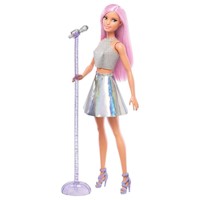 Barbie Pop Star Fashion con pelo rosa y ojos marrones falda iridiscente y accesorio para micrófono