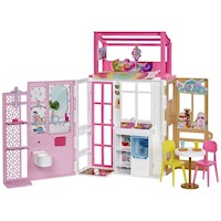 Barbie Casa de muñecas con 2 niveles y 4 zonas de juego con cachorro de mascotas y accesorios