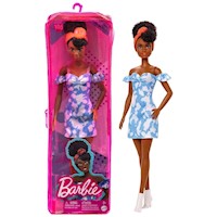 Barbie Fashionistas doll cabello negro con hombros descubiertos vestido de mezclilla blanqueado