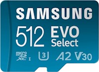 Samsung Evo Select + adaptador micro SD XC de 512 GB, 130 MB/s, Full HD y 4 K UHD, UHS-I, U3, A2, V30 (MB-ME512KA/AM)