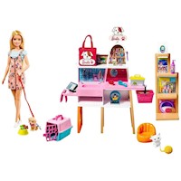 Barbie Set de juego de tienda de mascotas con 4 mascotas cambio de color y accesorios