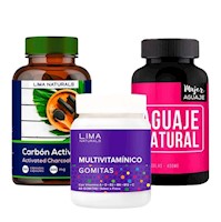 Carbón Activado Cápsulas + Gomitas Multivitamínico + Aguaje Cápsulas