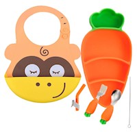 Pack Babero Monito y Set Plato Zanahoria Naranja para bebe