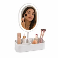 Espejo LED Redondo Recargable con Porta Maquillaje 3 Tonos de Luz Control Táctil
