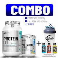 COMBO UN - PROTEIN DT 1.500 KG. CHOCOLATE + COLLAGEN PRO 500 GR. MORA + SHAKER