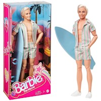 Barbie The Movie Ken con ropa de playa a rayas tabla de surf y zapatillas blancas