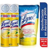 Pack Lysol Aerosol Limón 360ml x2+ Desinfectante para pisos 800ml