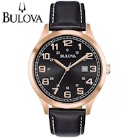 Reloj Bulova 97B164 Fecha Acero Inoxidable Oro Rosado Correa De Cuero Negro